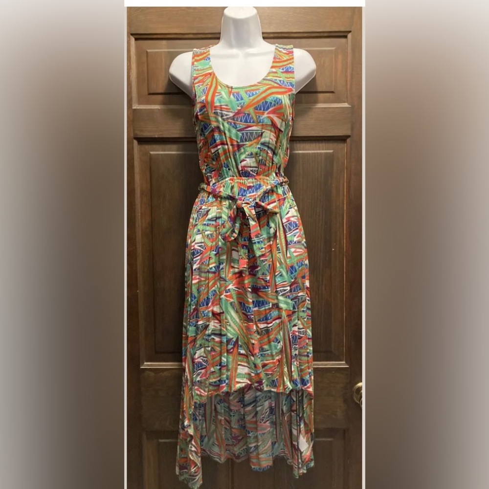 Dress Barn Juniors Size Small Green & Orange Print Sleeveless Rayon Belted Dress